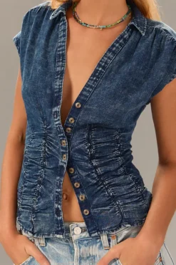 Pilcro Ruched Denim Blouse -Fashion Clothing Shop 4110916210212 093 b4
