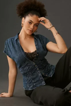 Pilcro Ruched Denim Blouse -Fashion Clothing Shop 4110916210212 093 c