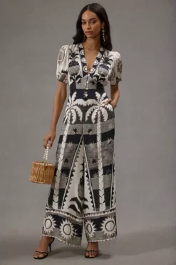 Farm Rio Puff-Sleeve Linen Jumpsuit