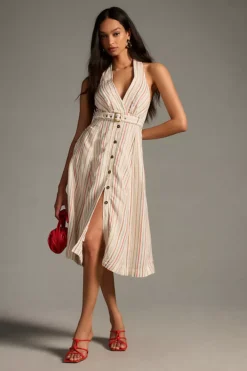 Maeve Belted V-Neck Button-Front Dress