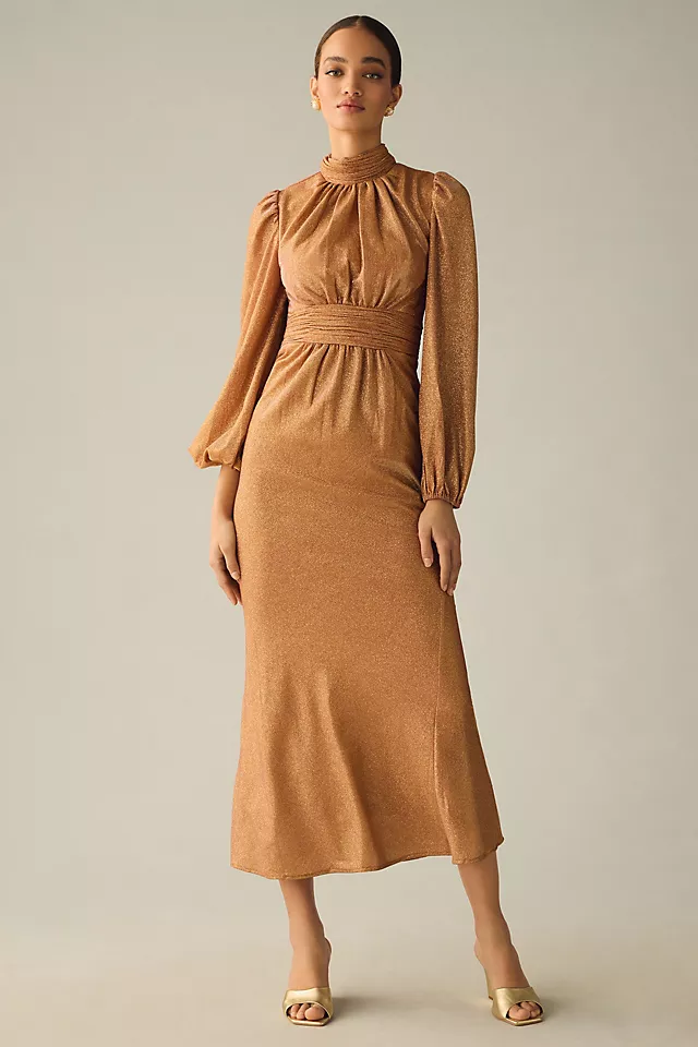 Mac Duggal Draped Puff-Sleeve Trumpet Midi Dress 3 Mac Duggal Draped Puff-Sleeve Trumpet Midi Dress