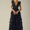 Ieena For Mac Duggal Ruffled Floral Cap-Sleeve V-Neck Gown -Fashion Clothing Shop 4130637940043 009 b