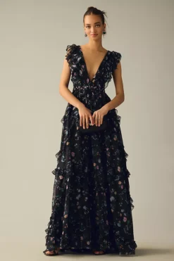 Ieena For Mac Duggal Ruffled Floral Cap-Sleeve V-Neck Gown