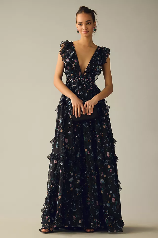 Ieena For Mac Duggal Ruffled Floral Cap-Sleeve V-Neck Gown 3 Ieena For Mac Duggal Ruffled Floral Cap-Sleeve V-Neck Gown