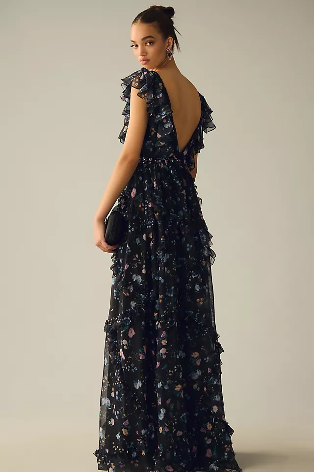 Ieena For Mac Duggal Ruffled Floral Cap-Sleeve V-Neck Gown 4 Ieena For Mac Duggal Ruffled Floral Cap-Sleeve V-Neck Gown - Image 2