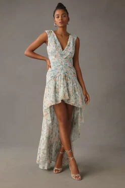 Mac Duggal Ruched Floral Cap-Sleeve High-Low Gown