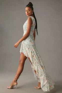 Mac Duggal Ruched Floral Cap-Sleeve High-Low Gown -Fashion Clothing Shop 4130637940048 045 b4