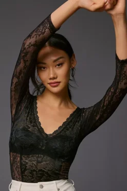 By Anthropologie Long-Sleeve Sheer Lace Bodysuit
