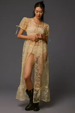 By Anthropologie Sheer Short-Sleeve Organza Maxi Dress