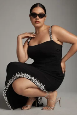 Mac Duggal Plus Lace-Up Asymmetrical Side-Slit Embellished-Hem Dress