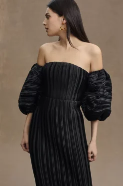 L'IDÉE Sirene Off-Shoulder Puff-Sleeve Pleated Midi Column Dress -Fashion Clothing Shop 79911483 001 b3