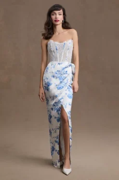 V. Chapman January Wrap-Skirt Lace-Corset Front-Slit Column Gown