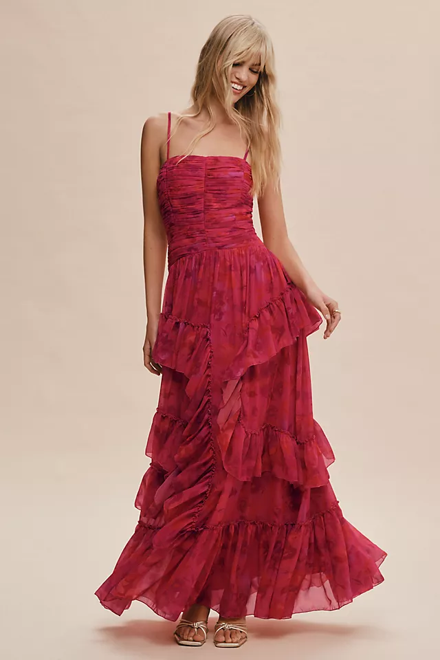 BHLDN Thalia Printed Ruched Square-Neck Ruffle Chiffon Gown 4 BHLDN Thalia Printed Ruched Square-Neck Ruffle Chiffon Gown - Image 2