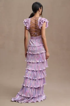 Mac Duggal Tiered Plissé Lace-Up Flutter-Sleeve Column Gown -Fashion Clothing Shop 84206036 059 b3