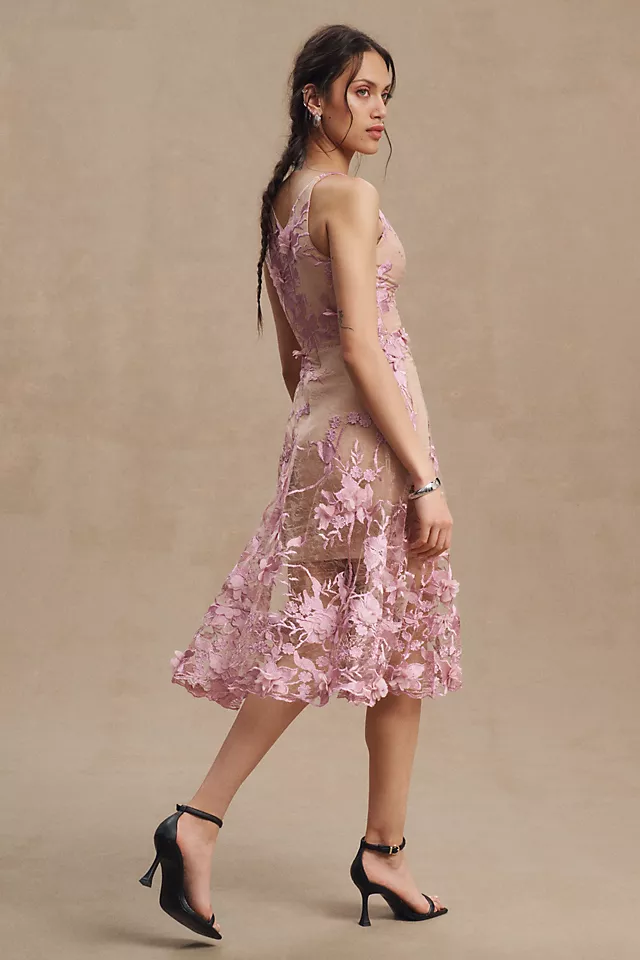 Dress The Population Audrey Fit & Flare Sheer Lace Floral Appliqué Midi Dress 4 Dress The Population Audrey Fit & Flare Sheer Lace Floral Appliqué Midi Dress - Image 2