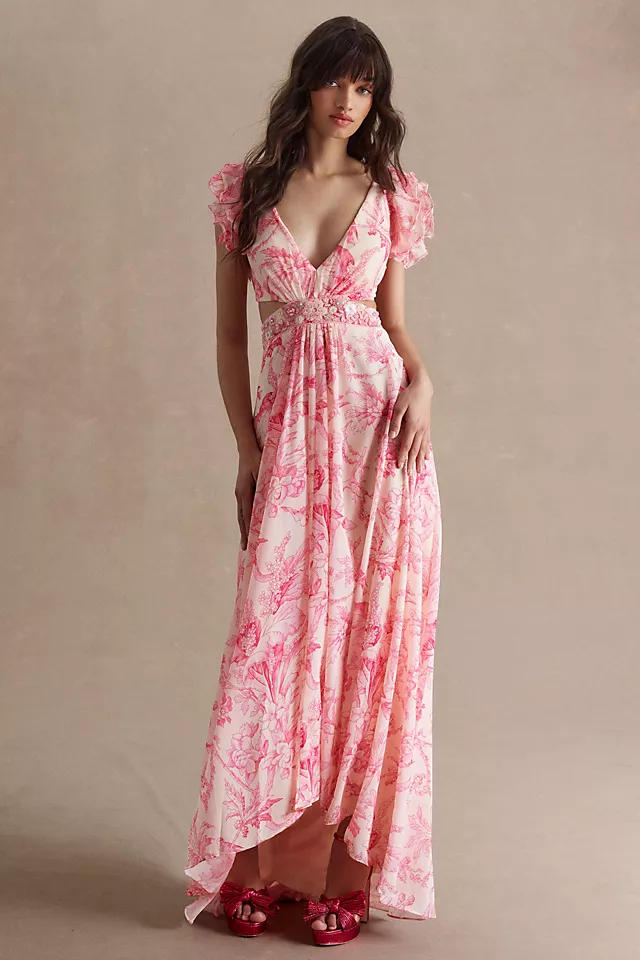 Mac Duggal Floral Flutter Cap-Sleeve V-Neck Lace-Up Gown 3 Mac Duggal Floral Flutter Cap-Sleeve V-Neck Lace-Up Gown