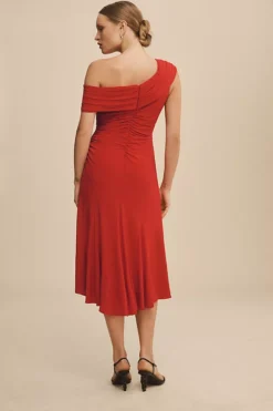 Ieena For Mac Duggal Ruched Off-The-Shoulder Midi Dress