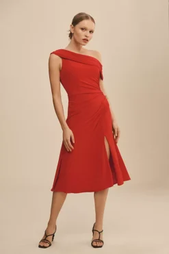 Ieena For Mac Duggal Ruched Off-The-Shoulder Midi Dress -Fashion Clothing Shop 85347771 060 b2