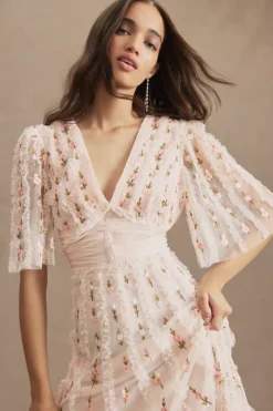 Mac Duggal Short-Sleeve Floral Ruffled V-Neck Gown