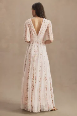 Mac Duggal Short-Sleeve Floral Ruffled V-Neck Gown -Fashion Clothing Shop 85891380 266 b4